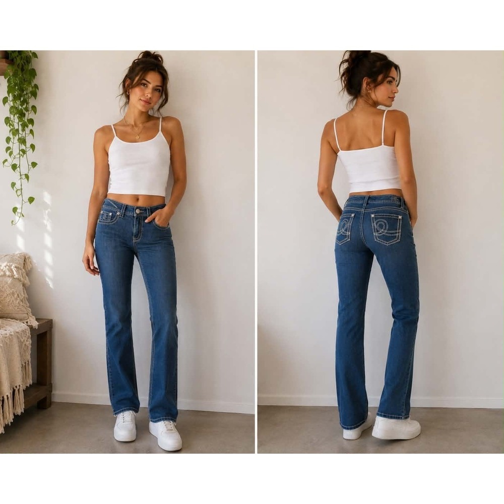Seven7 Women Bootcut Jeans Medium Wash Contrast Stitch Swirl Pocket Blue Denim